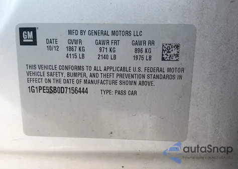 2013 Chevrolet Cruze 2Lt Auto z USA, uszkodzony, nr VIN 1G1PE5SB0D7156444